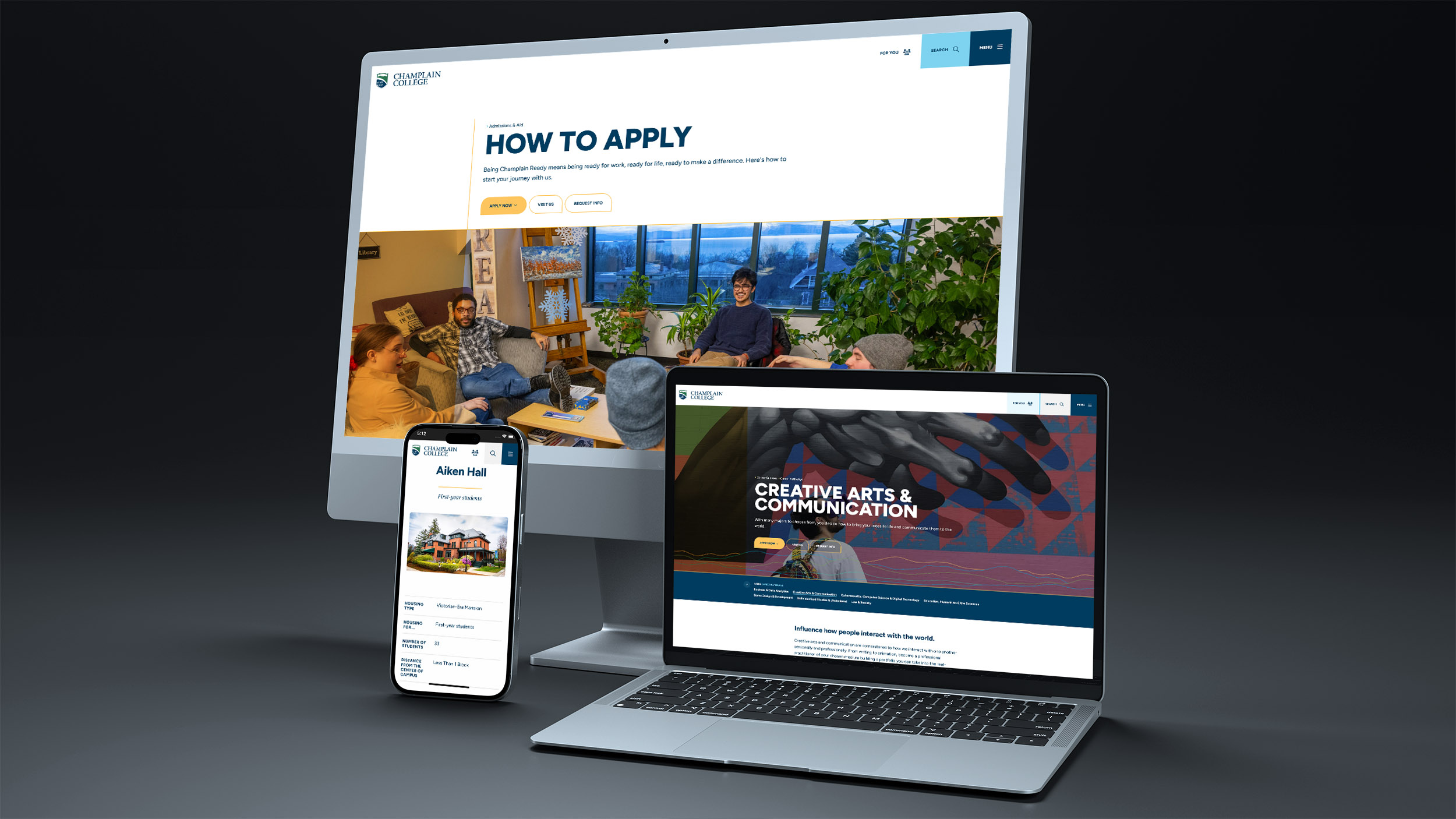 laptop, desktop screen, phone with various Champlain College website screens displayed