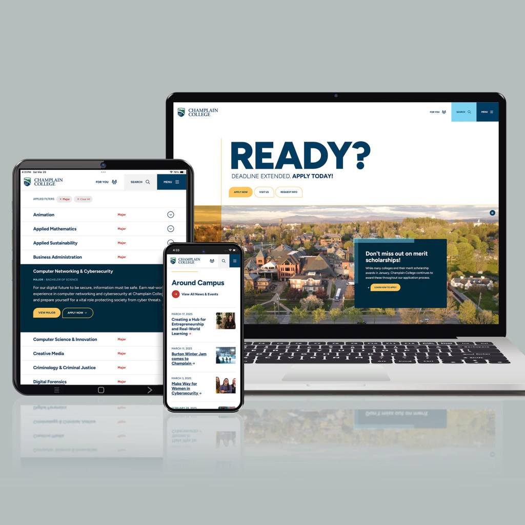 laptop, tablet, phone with various Champlain College website screens displayed