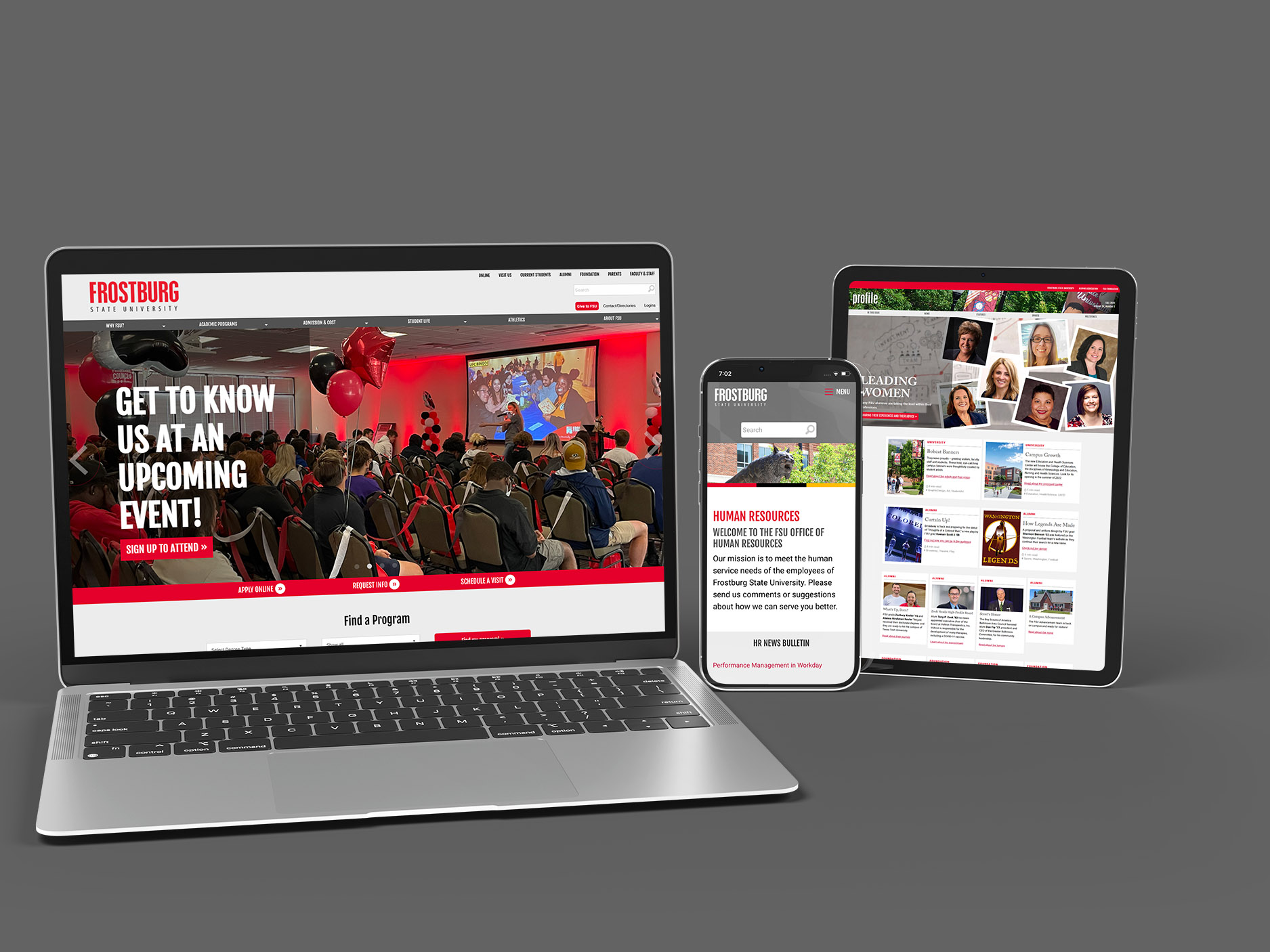 laptop, tablet, phone with various Frostburg State University website screens displayed