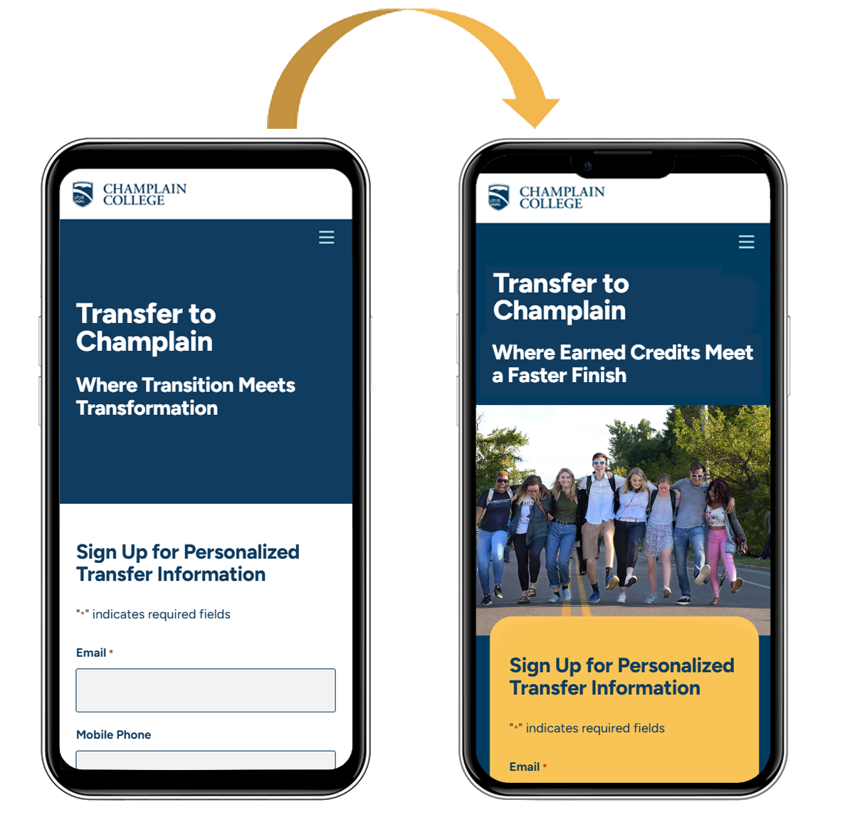 mobile devices showing before and after of design changes