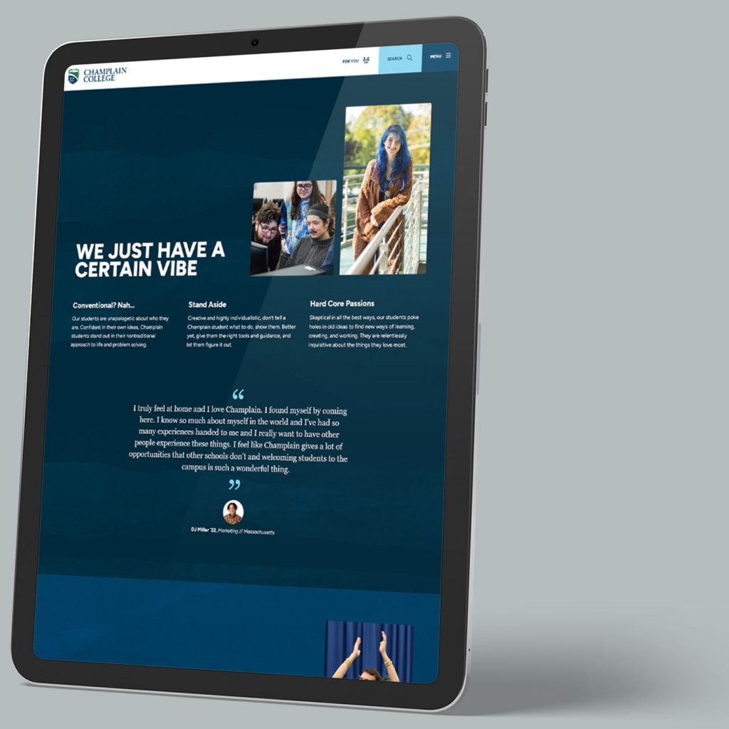 tablet showing a Champlain College webpage