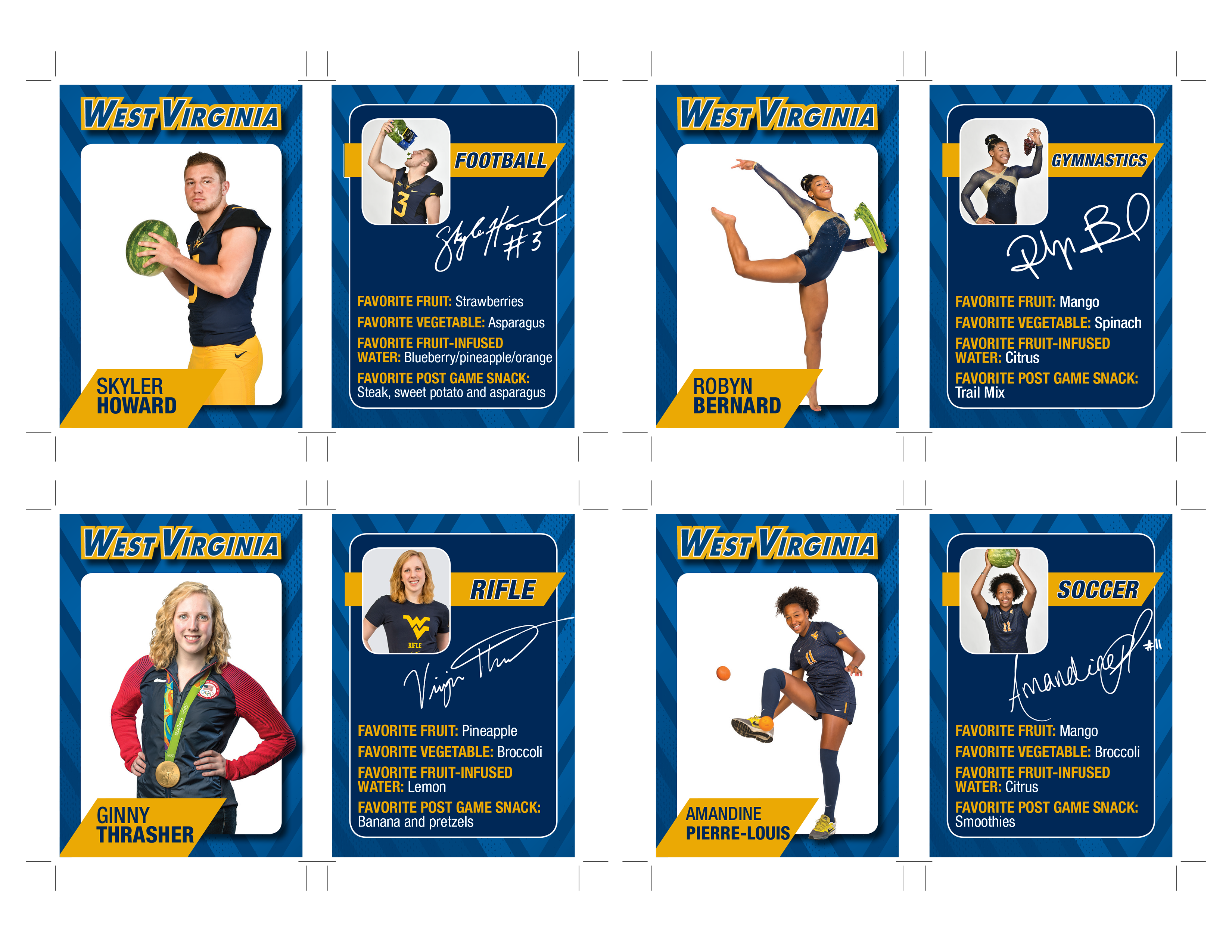 "trading cards" with WVU athletes holding fruits and vegetables