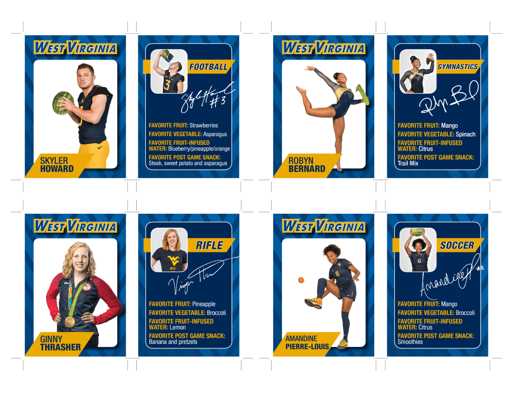 "trading cards" with WVU athletes holding fruits and vegetables