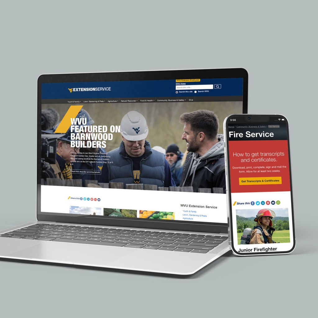 laptop and phone with various WVU Extension Service webpages displayed