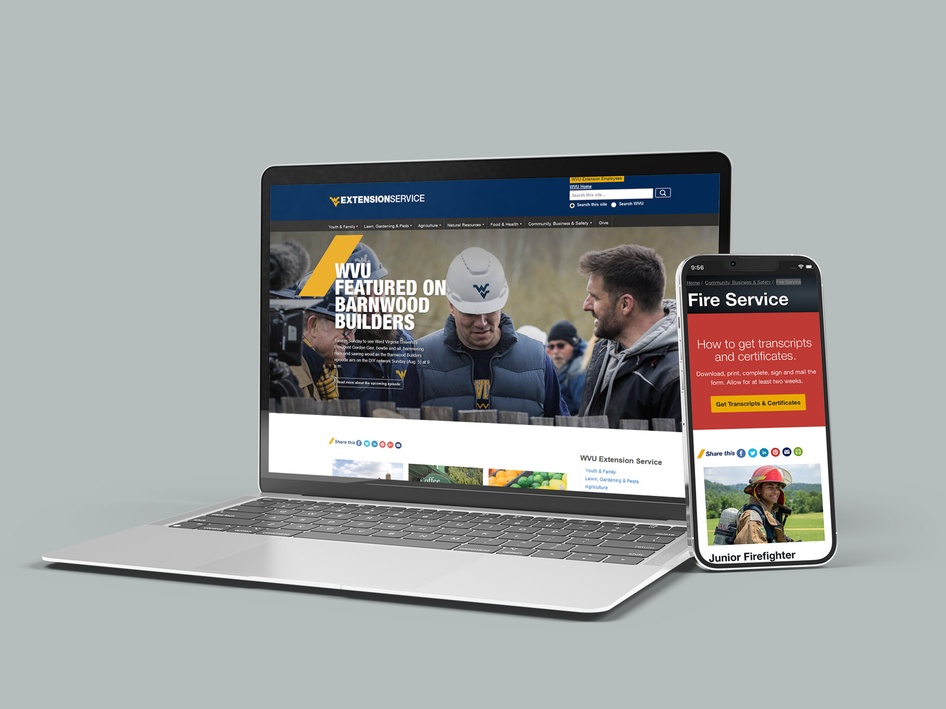 laptop and phone with various WVU Extension Service webpages displayed